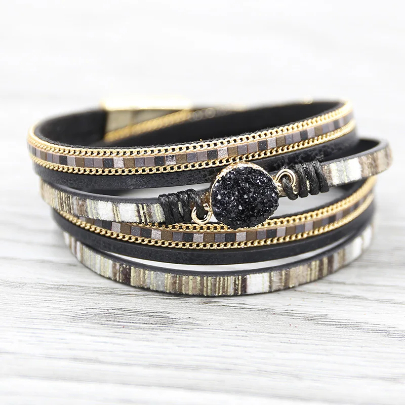 STRATHSPEY, черные Браслеты druzy для женщин, многослойный кожаный браслет, Золотая цепочка, натуральные браслеты, pulseras mujer moda