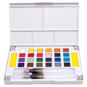 

24 Colors Portable Watercolor Painting Solid Pigment Paint Set Includes Water Brushes Sponges Mixing Palette