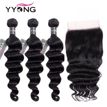 

Yyong 6x6 Closure With Bundles Loose Deep Wave 3/4 Bundles Human Hair With Closure Peruvian Remy Hair Bundles With Lace Closure