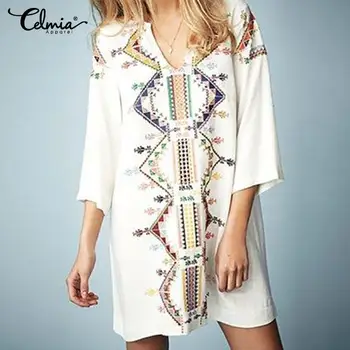 

Vinatge Casual Straight Printed Short Dress Celmia 2020 Summer Bohemian Sexy V-Neck Loose 3/4 Sleeve Mini Dress Robe Long Tops