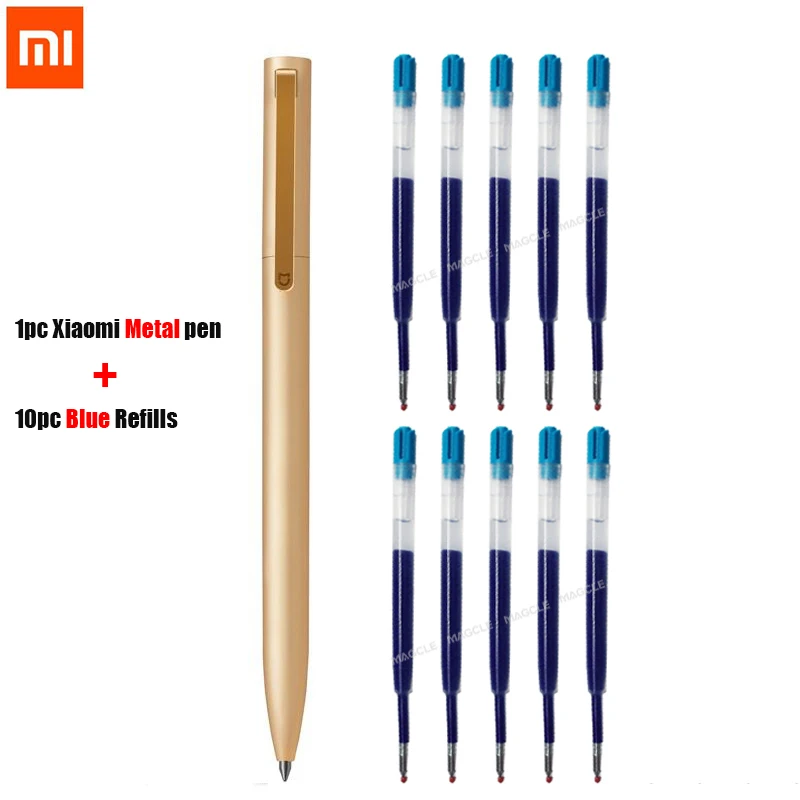 1pc 10Blue Ink Оригинальные металлические ручки Xiao mi, шариковая ручка, гладкий Швейцарский наполнитель, 0,5 мм, японские черные, голубые чернила, ручки для подписи - Цвет: 1pc 10Blue Ink