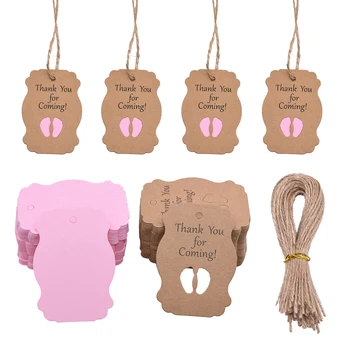 

50pcs Thank You For Coming Kraft Paper Tag with Jute Rope for Baby Shower Birthday/Baptism Party Gift Box Tags Blue Pink Label