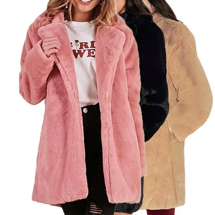 Модная зимняя теплая Женская Повседневная Длинная однотонная куртка с длинным рукавом из искусственного меха с карманами, верхняя одежда