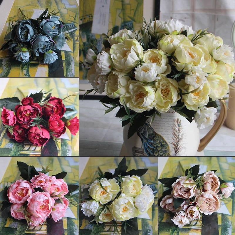Мини красивый Искусственный Пион винтажный искусственный букет свадебный цветок синий, кофе, красный, бежевый, розовый искусственные цветы