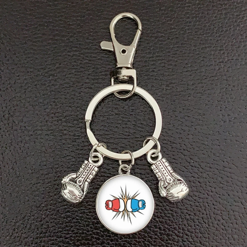 New fashion glass cabochon keychain boxing glove pendant boxing lobster clasp DIY men and women car keychain gift