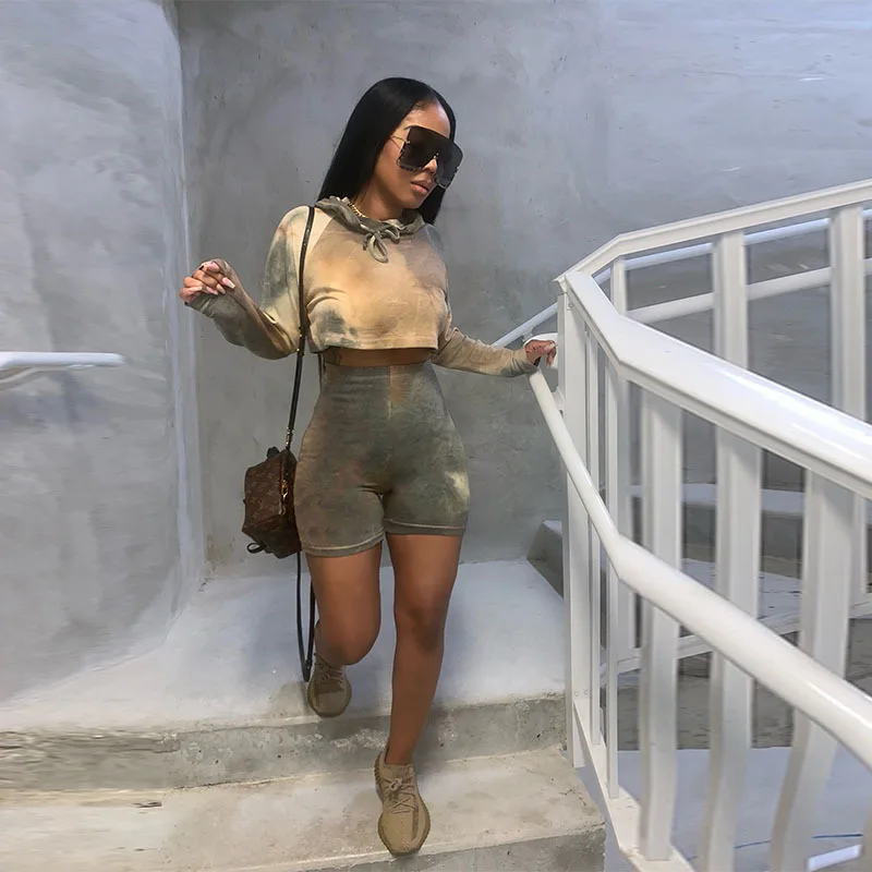 

Echoine Tie Dye Print Crop Top Hooded Top and Shorts Two Piece Set Tracksuit Jogger Suit Sporty Active Running Set Party Night
