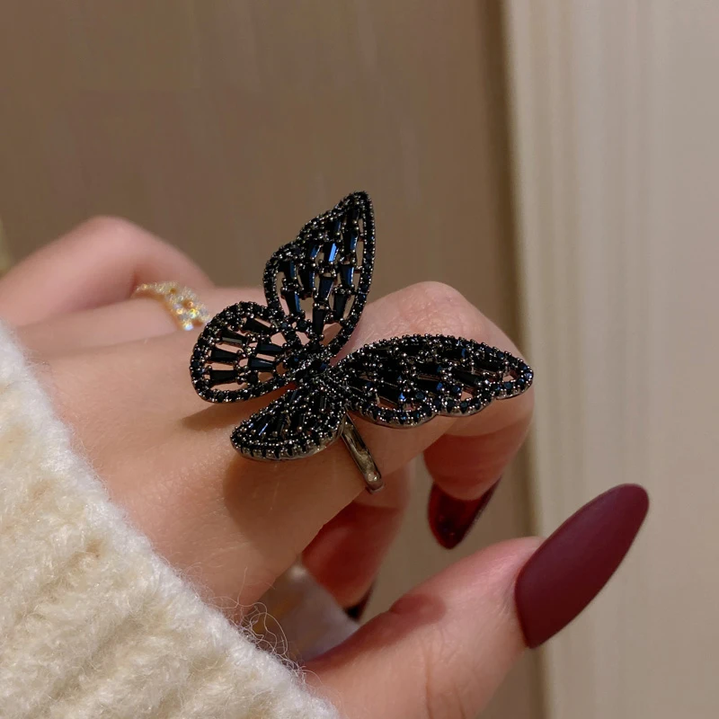 Mysterious Sexy Black Crystal Butterfly Rings Korean Fashion Jewelry Party Gothic Girl's Exaggerated Accessories For Woman 2021 - Image 5