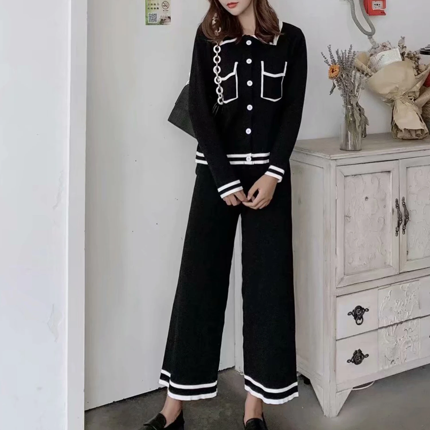 

Knitted sweater women turn-down collar long sleeve single breasted two piece set loose pants OL chic lady Casual sweater suits