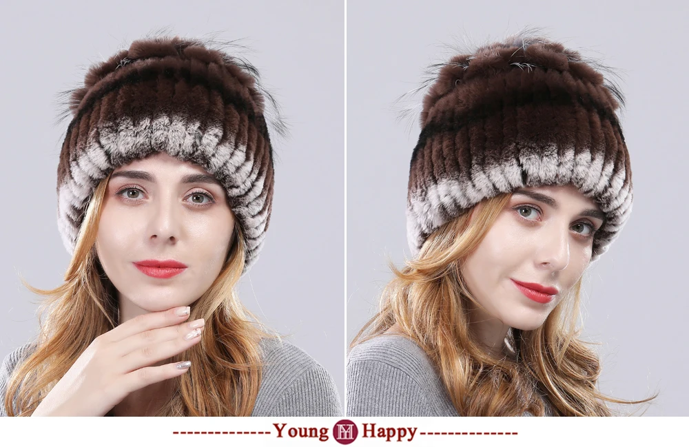 Women Real Rex Rabbit Fur Hats Lady Handmade Knitted Striped Genuine Rex Rabbit Fur Cap Winter Warm Fashion Fur Beanies