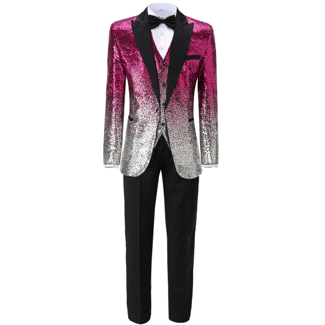 Fuchsia-Silver Приталенный градиентный мужской костюм с блестками, 3 предмета, деловой жилет с отворотом, повседневные смокинги для женихов, мужские вечерние костюмы(Блейзер+ жилет+ брюки - Цвет: Fuchsia-Silver
