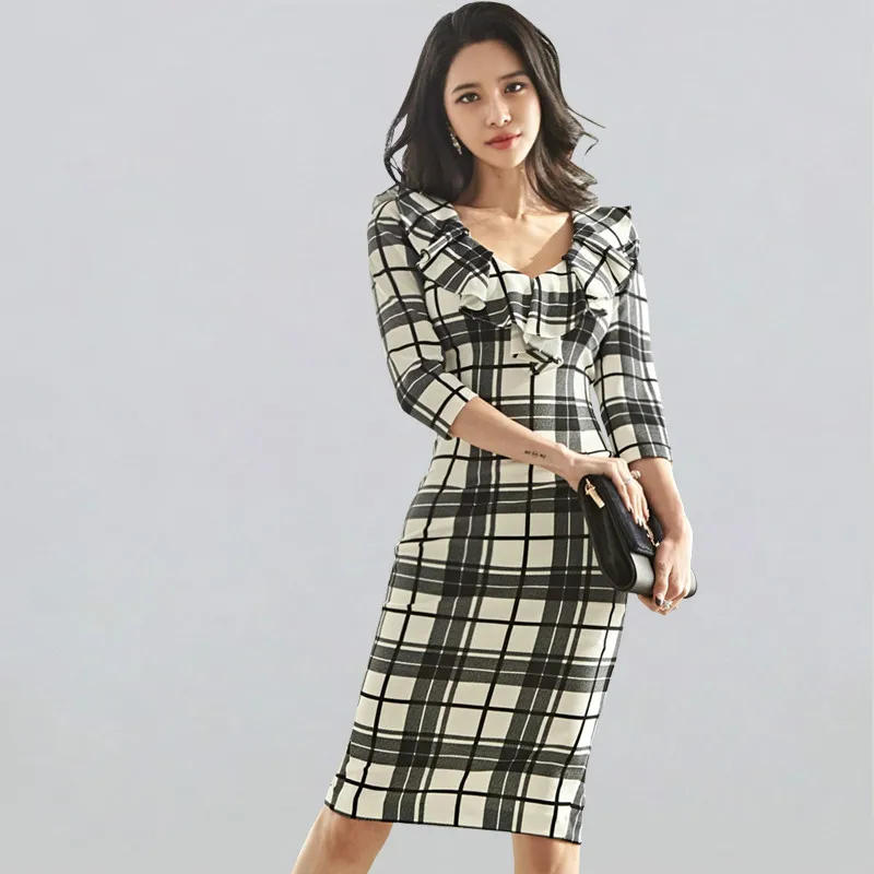 

2020 Spring Grid Print Ruffles Bodycon Dress Women Autumn Winter New Sheath Pencil Dresses OL Casual Work Wear Vestido De Festa