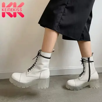 

KemeKiss Women Short Boots Genuine Leather Fashion Platform Thick Heel Shoes Women Zipper Cross Strap Spring Footwear Size 34-39