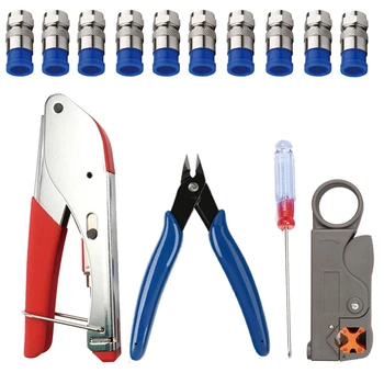 

14Pcs/Set Coax Cable Crimper Coaxial Compression Tool Kit Wire Stripper with 10Pcs F RG6 RG59 Connectors (Blue-F)