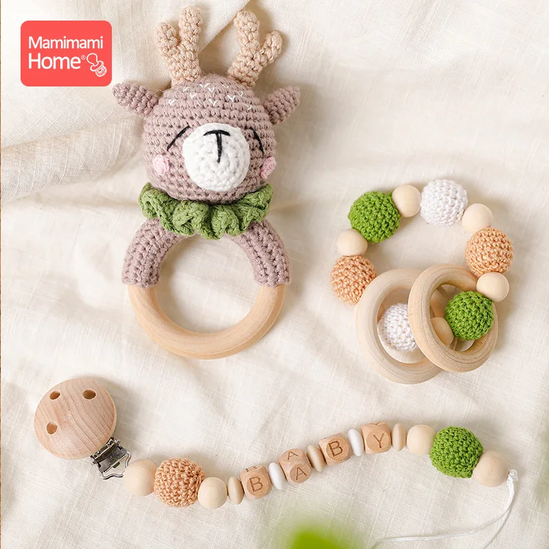1Pc Baby Wooden Rattles Crochet Giraffe Music Bell Personalized Name Pacifier Chain Teething Bracelets Rodent Newborn Gifts | Игрушки и