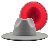 gray red Patchwork Wool Felt Jazz Fedora Hat Women Unisex Wide Brim Panama Party Trilby Cowboy Cap Men Gentleman Wedding Hat XL 1