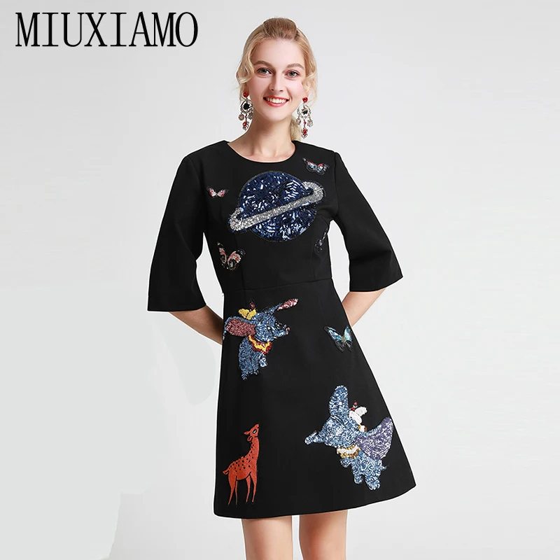 MIUXIMAO высокое качество осеннее платье новейшая мода для женщин животное Блестки длиной до колена Повседневное платье для женщин vestidos