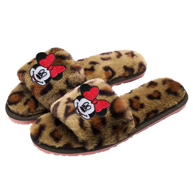 Disney/детские тапочки с рисунком Минни для взрослых; теплые тапочки на мягкой подошве; тапочки; домашняя обувь с леопардовым принтом