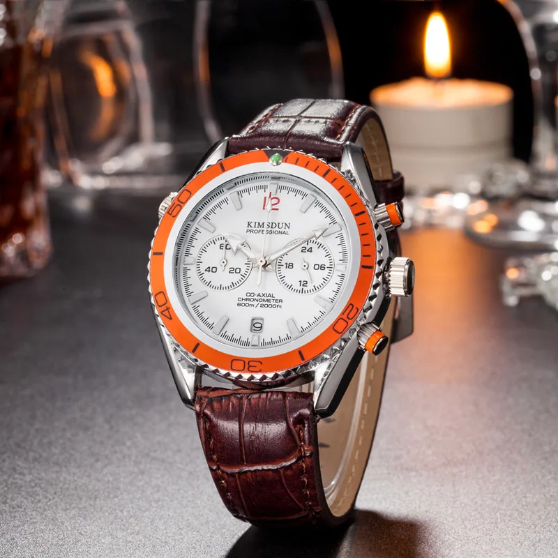 KIMSDUN мужские многофункциональные часы с хронографом и календарем люксовый бренд OMG классический стиль повседневные спортивные военные кожаные кварцевые часы