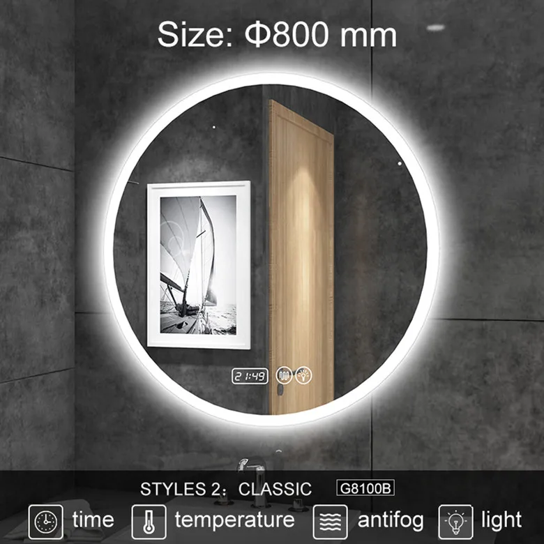 G8100B 800mm Пользовательский размер, умное зеркало, светодиодный, зеркало для ванной, настенное, с подсветкой, круглое, для ванной, анти-туман, зеркало, Bluetooth, сенсорный экран 2g8100 - Цвет: G8100B 800mm