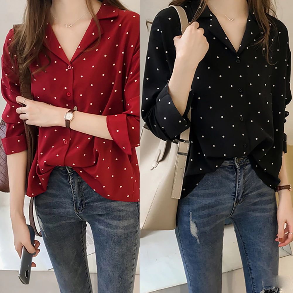 

Lovely Autumn Red Women long Sleeve Blouses Casual Polka Dot Shirts Tops Korean Style Chiffon Turn Down neck Female Blusas