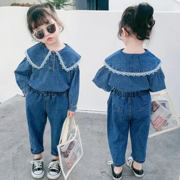 

3-7 year old girl baby solid color lace denim two-piece suit spring season new Korean fashion denim suit children clothing tide