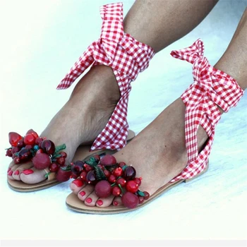 

Outdoor Summer Beach Shoes Handmade String Bead Women Flat Sandals Ankle Strap Women Rosette Sandals Open Toe Flip Flops