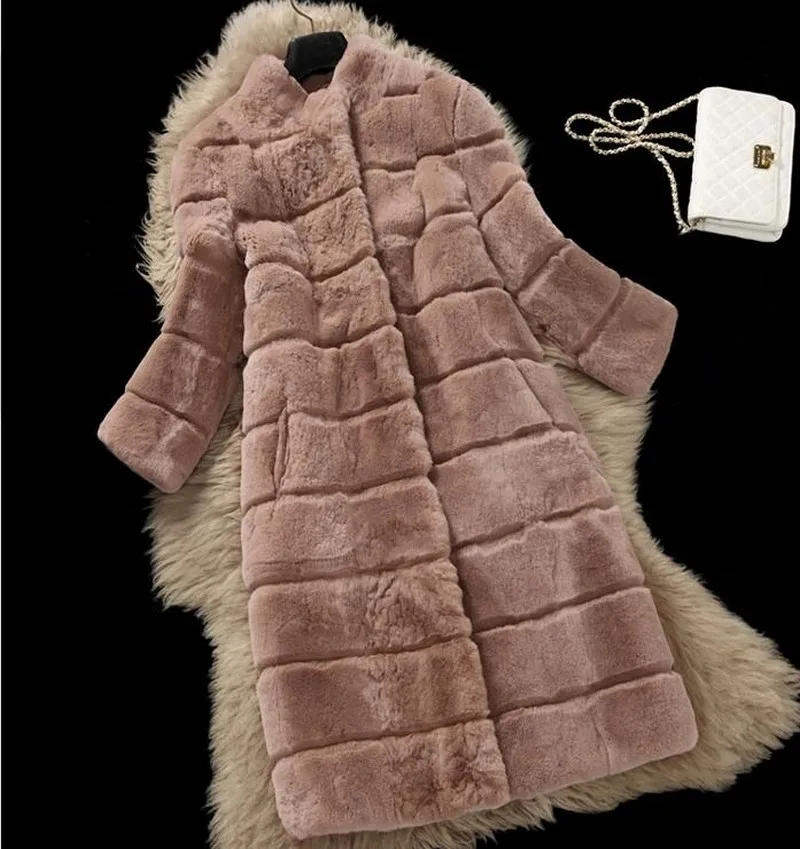 Пальто из натурального меха, зимняя куртка для женщин, натуральный мех кролика Рекс, толстый теплый воротник-стойка, рукав три четверти, уличная одежда - Color: khaki
