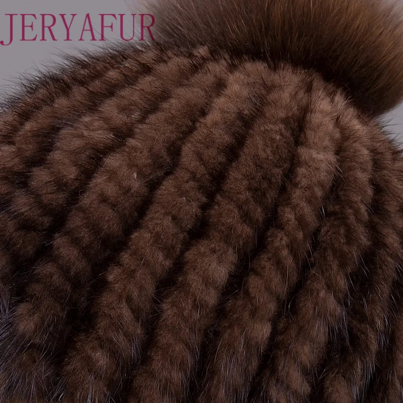 Горячие echt nerz hut für frauen зимние закрытые ручной gewebt vertikale nerz beanies Каппе mit fuchs pelz pom poms haar zubehёr