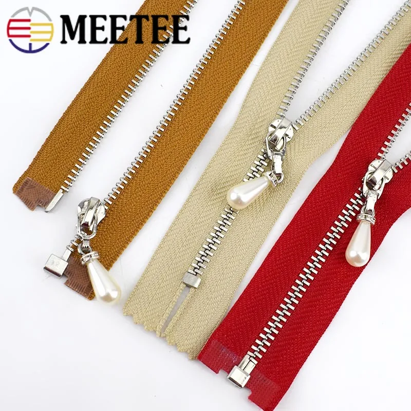 5/10pcs 20cm Close 40/50/60/70cm Open End 3 Metal Zipper Pearl Slider Puller Zip for Sewing