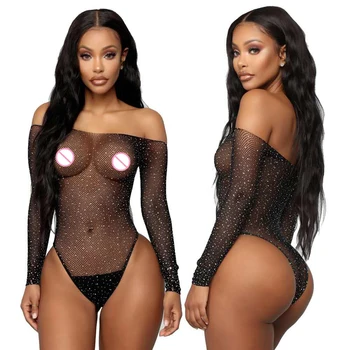 

Women's Sexy bikini Diamond lingerie point drill starry fishnet Bodysuits porno gril Babydoll hollow uniform temptation butt SM