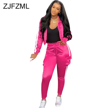 

Side Reflective Striped 2 Piece Matching Set Women Front Zipper Long Sleeve Coat and Jogger Pant Sweatsuits Autumn Winter Outfit