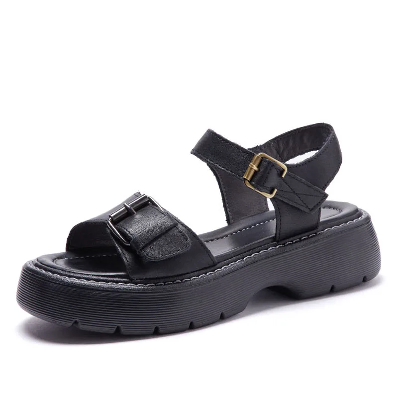 

Handmade Retro Summer Women Sandals 100% Genuine Cow Leather Flat Platform Shoes Woman Open Toe Chunky Slingback Casual Sandals