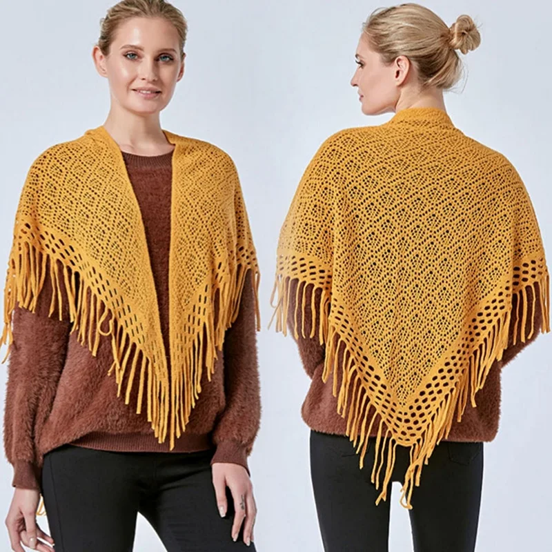 Fashion Solid Color Air Conditioning Warm Wool Knitted Shawl Women Winter Cold Cashmere Fringed Flower Hollow Triangle Scarf T78 3