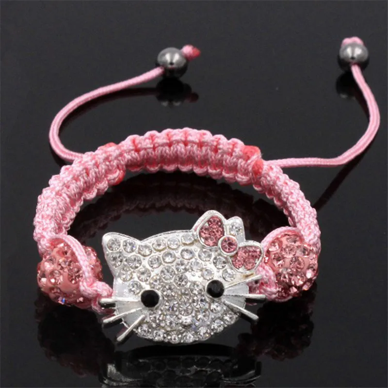 Детские хрустальные браслеты с кошачьей головой для детей, милый браслет Шамбала, браслеты из нитей, браслеты для девочек, ювелирное изделие, подарок - Окраска металла: pink