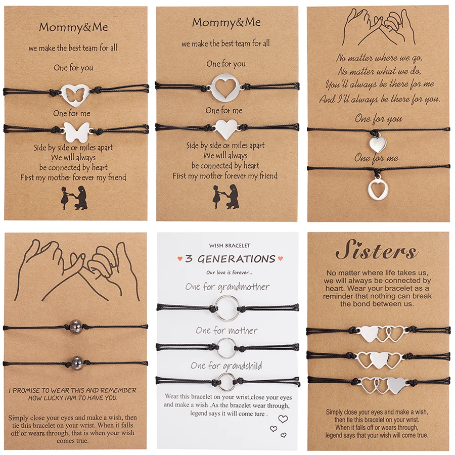 Día de las madres pulsera 2 par/set hueco de acero inoxidable Corazón de mariposa colgante ajustable cuerda pulseras de cadena para mamá