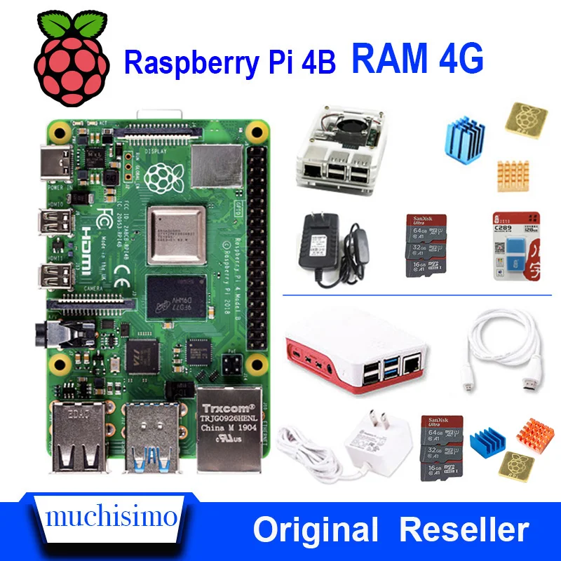 Original Raspberry Pi 4 Model B 4B with RAM 4GB 1.5GHz 2.4 / 5.0 GHz WIFI Bluetooth 5.0 Case Coolin
