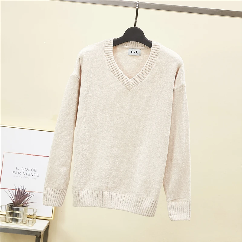 

Sueter Mujer Loose Velvet Solid Winter Jumper V-Neck Soft Knitted Sweater Pullover Long Sleeve Fashion Women New 2019 Soft