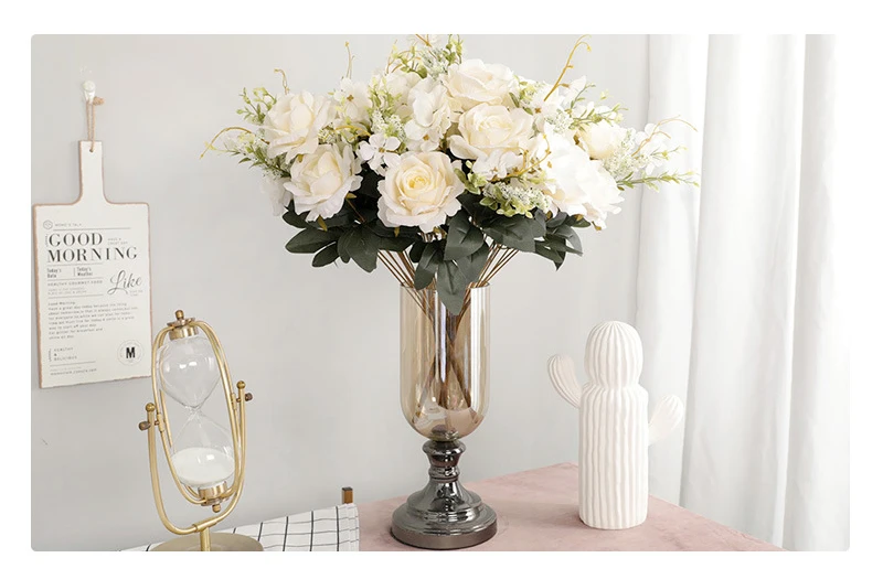JAROWN 50cm Rose Hydrangea Silk Bouquet Artificial Flowers 13 Heads Bride Wedding DIY Flower Arrangement Home Decoration Fake Flowers Faux (23)
