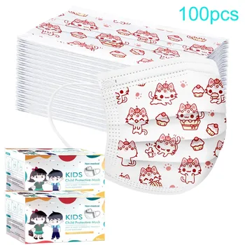 

100pc Pink Cat Children Disposable Masks Dust-proof Face Mask With Elastic Earloop Three Layers Non-woven Dustproof Face Cover