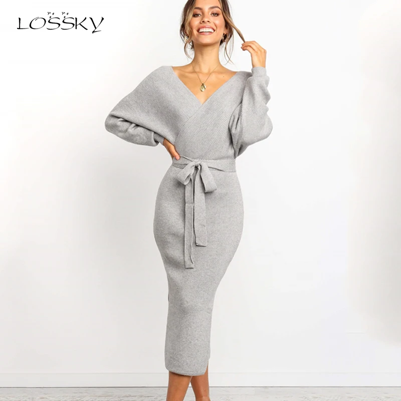 Ceny Lossky damska długa sukienka Sexy Backless V Neck Wrap rozcięcia po bokach Midi sukienka nowa jesienno zimowa odzież damska z długim rękawem