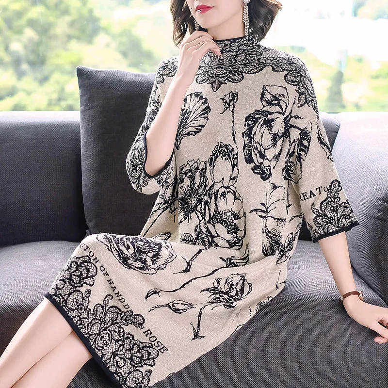 

2019 Autumn Clothing New Style Retro Elegant Jersey Dress Women's Loose-Fit Casual Three-quarter-length Sleeve Pullover Sweater