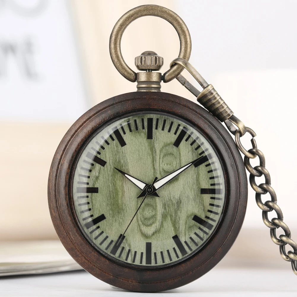 Portable Ebony Case Pocket Watch Women Special Green Dial Clock Utility Bronze Rough Chain Pendant Watches 5