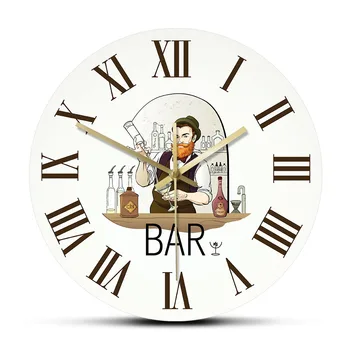 

Bartender Vintage Roman Numerals Wall Clock Barman Shaker Drink Home Bar Pub Silent Clock Barkeeper Man Cave Decor Tapster Gift