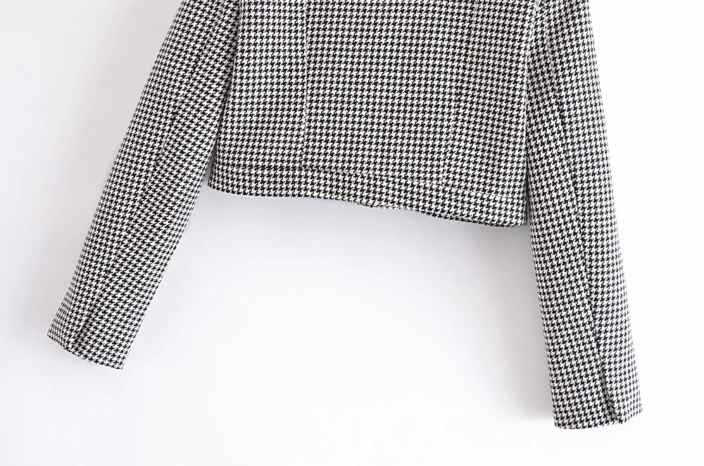 Retro French Style Green Check Plaid Weavon Cropped Blazer Women Notched Metal Buckle Buttons High Waist Suit Short Coat Outwear