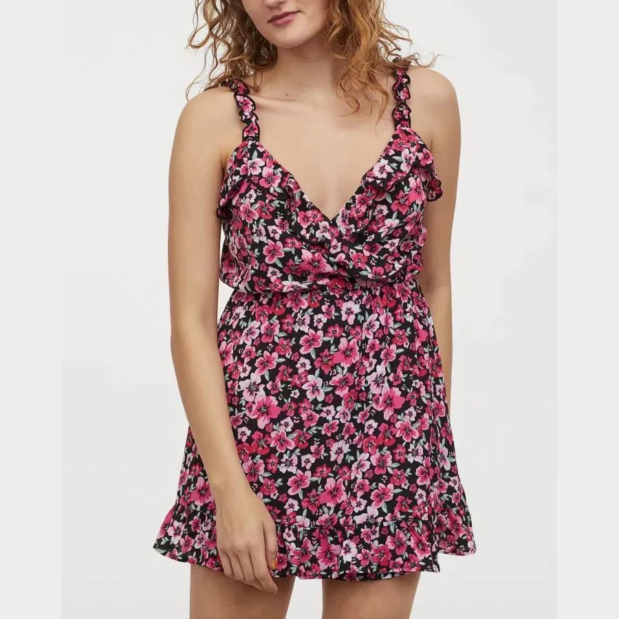 Женское мини-платье с цветочным принтом красное черное Повседневное платье