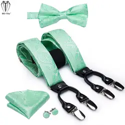 Hi-Tie New Jacquard Silk 6 Clips Mens Suspenders Set Light Green Paisley 4PC Male Braces Bowtie Hanky Cufflinks For Wedding Gift