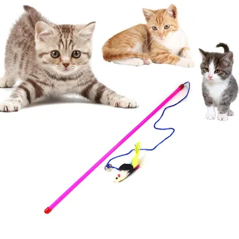 

Kitten Toy Mouse On A Rod Feather Cat Teaser For Pets Rabbit Fur With Bell