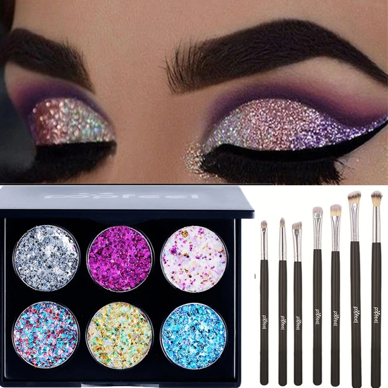 

6 colors glitter eyeshadow palette + 7 brush makeup set long lasting diamond rainbow sequin eyeshadow smoky eyes makeup 6 colors