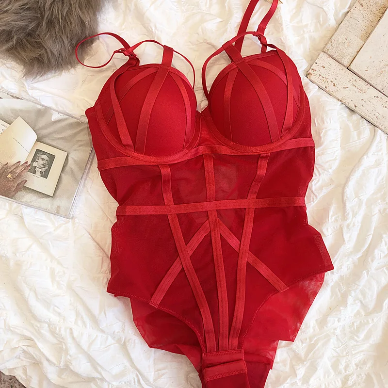 2021 New Hollow Out Sexy Bodysuit Jumpsuit Thicken Push Up Women Sexy Cross Underwe Deep-V Neck Ladies Fashion_voghion.com