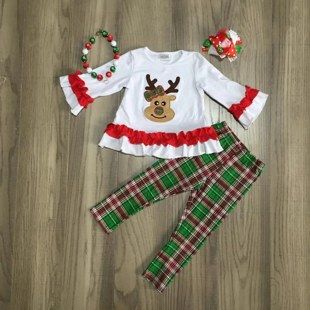 Рождественские клетчатые штаны с оленем для маленьких девочек; сезон осень-зима; детская одежда; хлопковые изысканные наряды; комплект с оборками; подходящие аксессуары